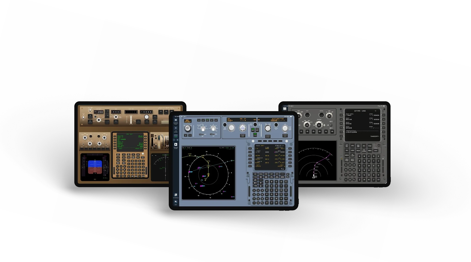 A320, B737 and B747 FMS simulators running side-by-side on iPad