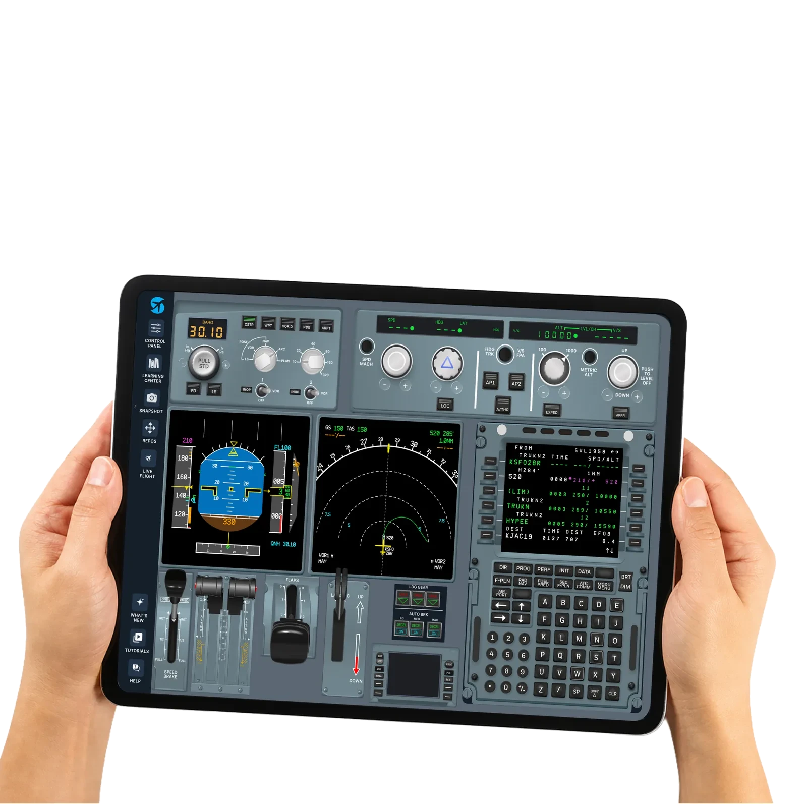 Hand holding an iPad running the SimViz Labs FMST
