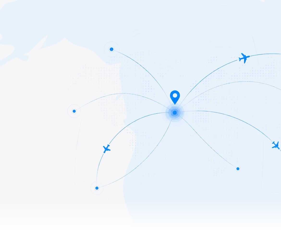 Flight routes radiating from the SimViz Labs headquarters in Phoenix