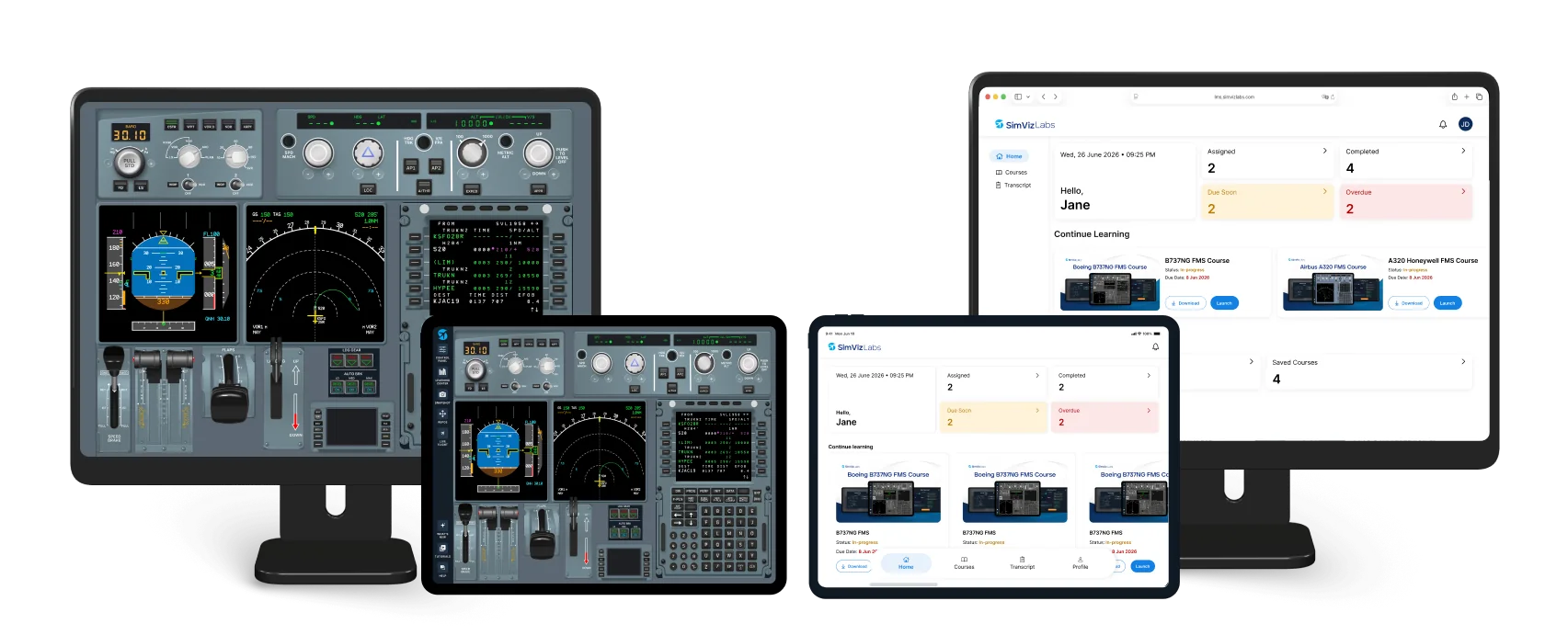 A320 FMST and the SimViz Labs LMS running on desktop monitors and iPads