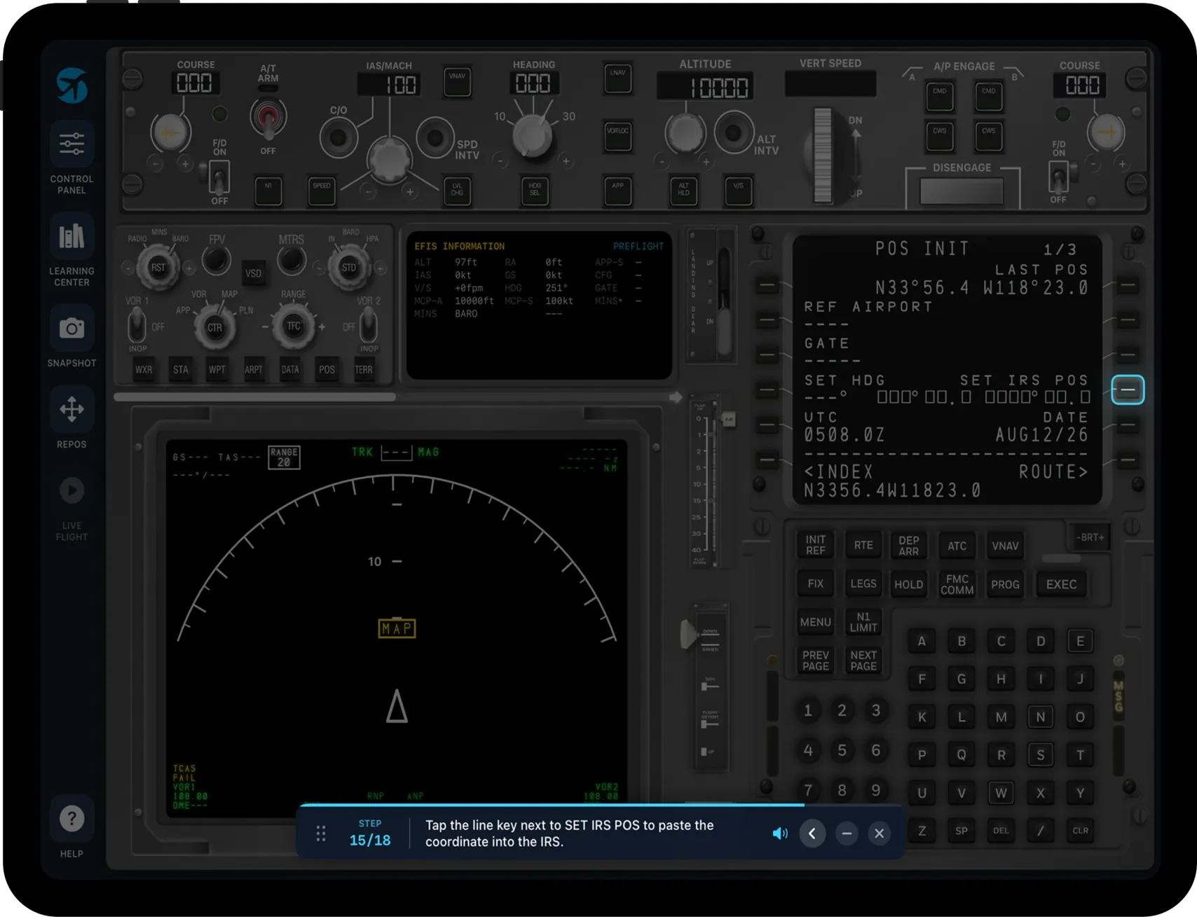 Guided step-by-step scenario in the SimViz Labs B737 FMS simulator