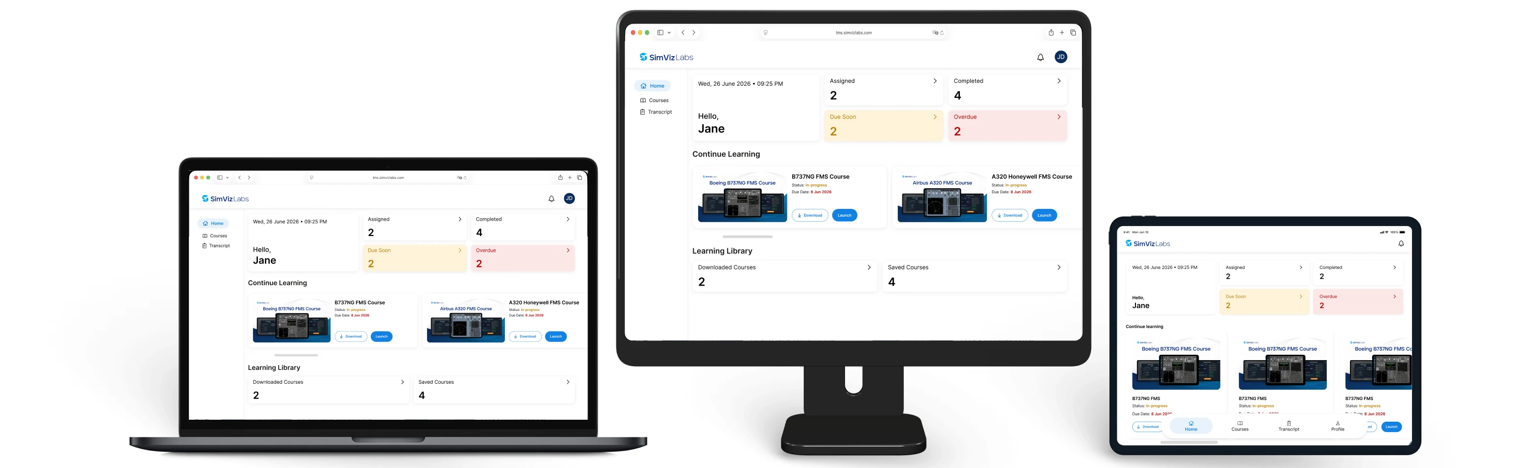 SimViz Labs LMS on desktop, laptop, and iPad